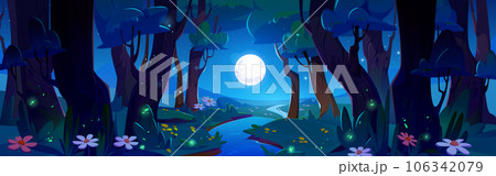 Night forest river with full moon and firefly Night forest river with full moon and firefly 106342079