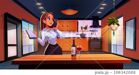 Woman with phone in kitchen room with wine bottle 106342088