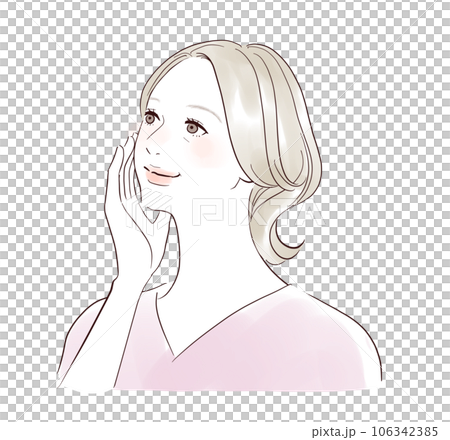A middle-aged woman touching her cheeks with a smile A middle-aged woman touching her cheeks with a smile 106342385