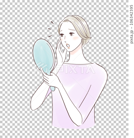 鏡を見てびっくりするミドル女性 106342395