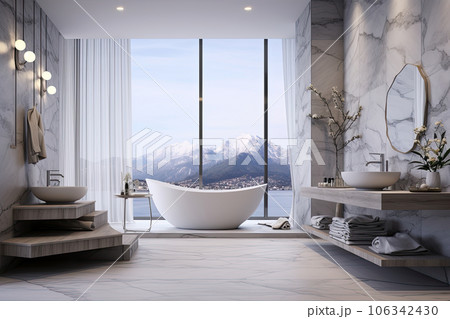 Modern style of marble bathroom interior decorate with bathtub, mirror and sink, minimal decor concept. 106342430