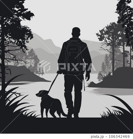 Man walking with his dog on the road in a forest Man walking with his dog on the road in a forest 106342469