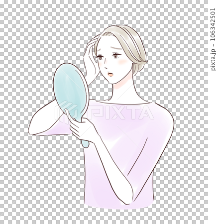 Worried middle-aged woman looking at her hairline in the mirror 106342501