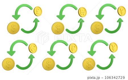 Trading between currency clipart icon set isolated on white background, 3D render forex finance trading collection concept 106342729