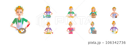 Housewife Icon with Woman Doing Domestic Chores Vector Set 106342736