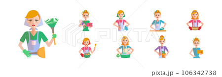Housewife Icon with Woman Doing Domestic Chores Vector Set 106342738