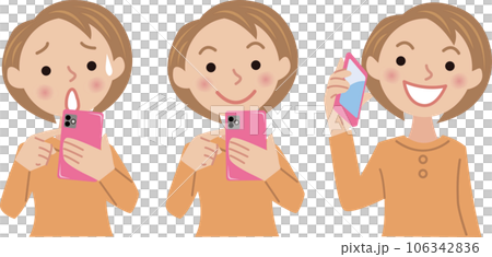 Pose variation of a young woman holding a smartphone 106342836
