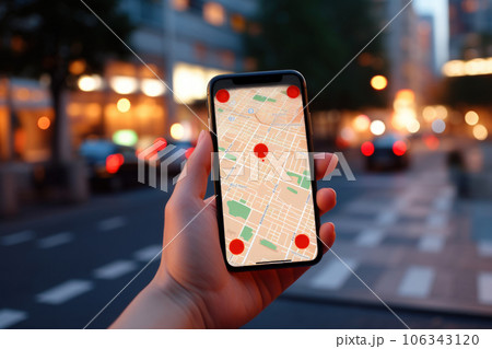 Woman hand holding a big gps red icon on map in smartphone on city background. 106343120