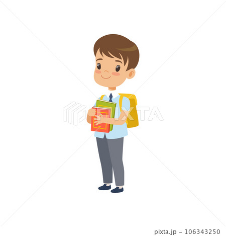 Cute boy with backpack holding books, pupil in school uniform studying at school vector Illustration on a white background 106343250