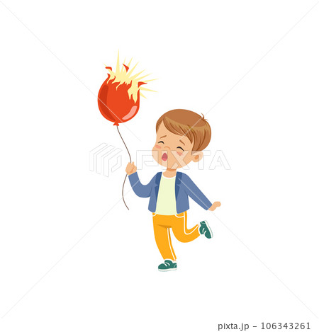 Sad boy holding bursting balloon vector Illustration on a white background 106343261