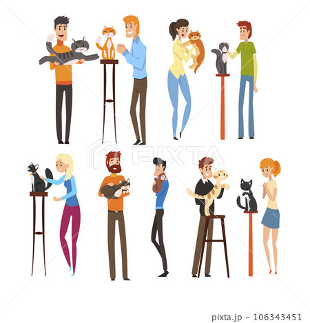 Cat breeds show, owners presenting their pets cartoon vector Illustrations on a white background 106343451