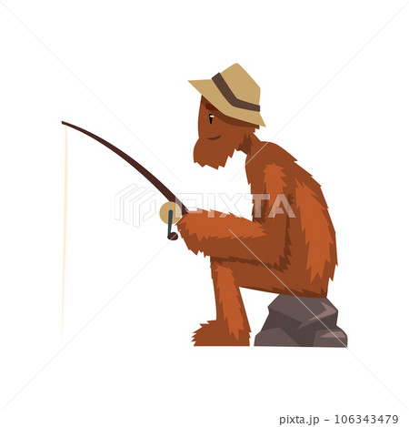 Funny bigfoot fishing with rod, mythical creature cartoon character vector Illustration on a white background 106343479