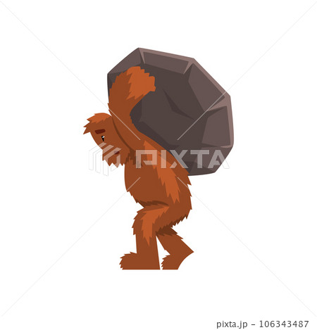 Funny bigfoot carrying heavy stone on his back, mythical creature cartoon character vector Illustration on a white background 106343487