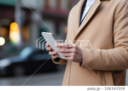 Woman hand holding smartphone in train or city background. technology communication concept. Woman hand holding smartphone in train or city background. technology communication concept. 106343509