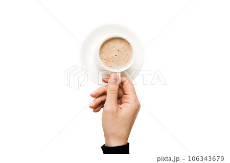 Minimalistic style woman hand holding a cup of coffee on Colored background. Flat lay, top view cappuccino cup. Empty place for text, copy space. Coffee addiction. Top view, flat lay Minimalistic style woman hand holding a cup of coffee on Colored background. Flat lay, top view cappuccino cup. Empty place for text, copy space. Coffee addiction. Top view, flat lay 106343679