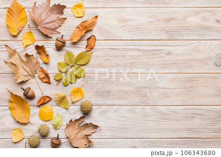 Autumn composition. Pattern made of dried leaves and other design accessories on table. Flat lay, top view Autumn composition. Pattern made of dried leaves and other design accessories on table. Flat lay, top view 106343680