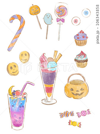 ハロウィンの水彩手描きの可愛いお菓子セット 106343858