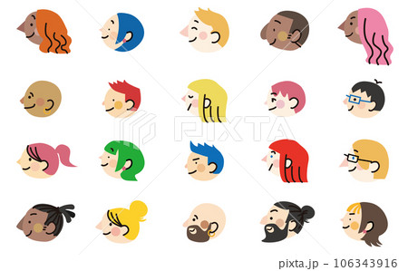 カラフルな髪色のシンプルでかわいい人間の横顔アイコンベクターイラスト セット カラフルな髪色のシンプルでかわいい人間の横顔アイコンベクターイラスト セット 106343916
