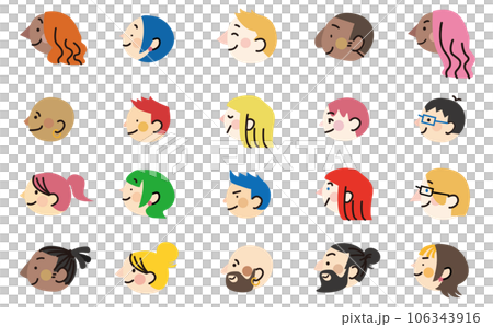 カラフルな髪色のシンプルでかわいい人間の横顔アイコンベクターイラスト セット カラフルな髪色のシンプルでかわいい人間の横顔アイコンベクターイラスト セット 106343916