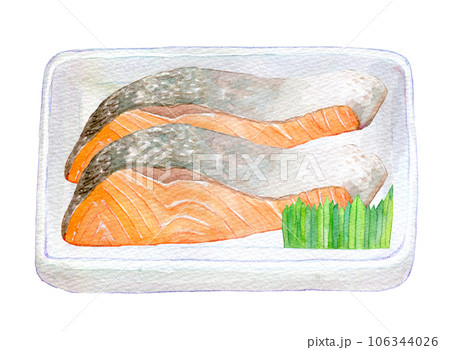 水彩イラスト　手描きイラスト　パックの鮭の切り身 106344026
