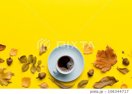 Flat lay composition with colorful Autumn cup of coffee and leaves on a color background. top view 106344717