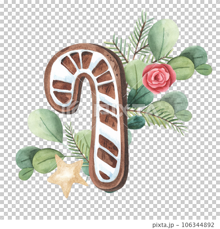 Set of gingerbread cookie in shape of candy cone stick with greenery .Watercolor hand painted illustration isolated on white background. For design, packaging, print. Set of gingerbread cookie in shape of candy cone stick with greenery .Watercolor hand painted illustration isolated on white background. For design, packaging, print. 106344892