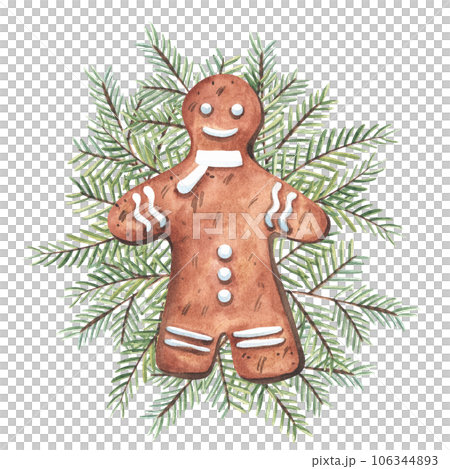 Set of gingerbread cookie in shape of christmas man with thuja branches .Watercolor hand painted illustration isolated on white background. For design, packaging, print. Set of gingerbread cookie in shape of christmas man with thuja branches .Watercolor hand painted illustration isolated on white background. For design, packaging, print. 106344893