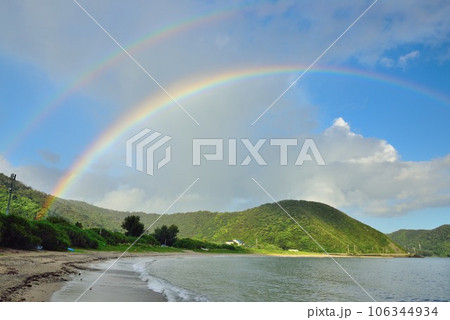 奄美大島　雨上がりの青空と海に架かる虹 106344934