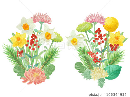 水彩絵の具で描いたお正月飾りの花イラスト 106344935