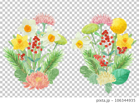 水彩絵の具で描いたお正月飾りの花イラスト 106344935