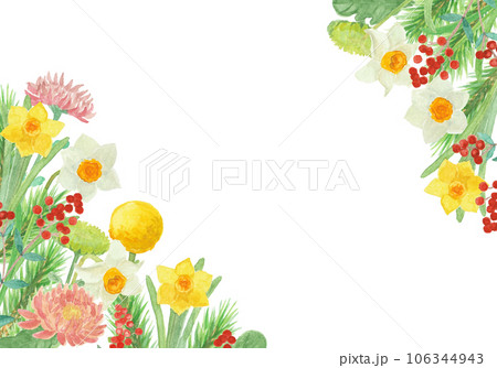 水彩絵の具で描いたお正月飾りの花背景イラスト 106344943