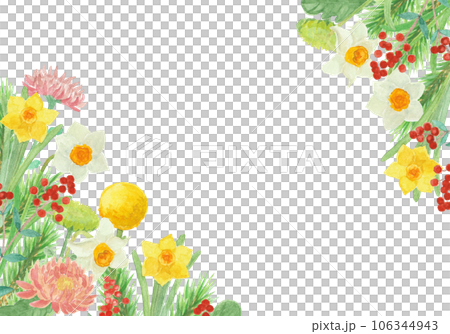 水彩絵の具で描いたお正月飾りの花背景イラスト 106344943