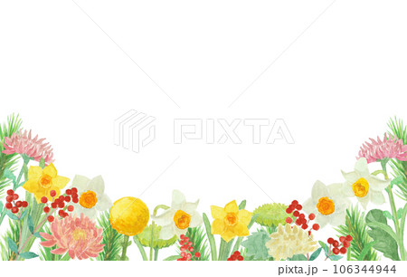 水彩絵の具で描いたお正月飾りの花背景イラスト 106344944