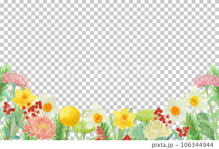 水彩絵の具で描いたお正月飾りの花背景イラスト 106344944
