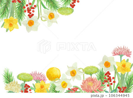 水彩絵の具で描いたお正月飾りの花背景イラスト 106344945