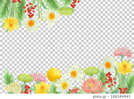 水彩絵の具で描いたお正月飾りの花背景イラスト 106344945