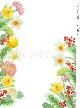 水彩絵の具で描いたお正月飾りの花背景イラスト 106344947