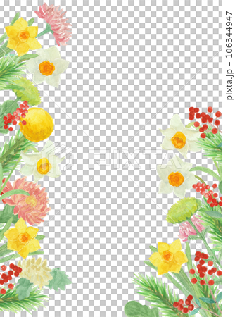水彩絵の具で描いたお正月飾りの花背景イラスト 106344947