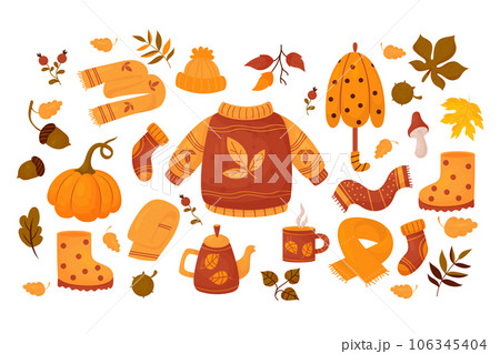 Cozy autumn collection. Knitted clothes sweater, scarf, hat, socks, umbrella, teapot with cup, mushrooms, acorns, pumpkin and rubber boots with fall leaves. Vector isolated colored cartoon drawing. 106345404