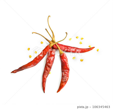 Dried red chili pepper and seeds  isolated on white background. Top view 106345463