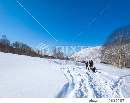 スノーボードを背負って雪原を歩く人々 (北海道、ニセコ五色温泉周辺) 106345874