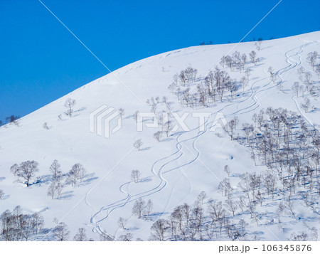 自然の雪山に残る滑走跡 (北海道、ニセコアンヌプリ北斜面) 自然の雪山に残る滑走跡 (北海道、ニセコアンヌプリ北斜面) 106345876