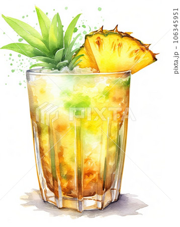 Glass of pineapple juice watercolor illustration - Generative AI. 106345951