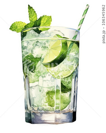 Glass of mojito watercolor illustration - Generative AI. Glass of mojito watercolor illustration - Generative AI. 106345962