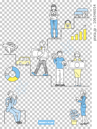 お金とライフプランのイメージ図 お金を持った男女と説明する男女 お金とライフプランのイメージ図 お金を持った男女と説明する男女 106346054