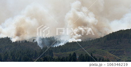 Forest fire at mountain. Smoke from a fire. Countryside forest with fire smoke from wildfire. Fire in forest spreads, natural disaster. Dry grass and trees burning. Climate change concept Forest fire at mountain. Smoke from a fire. Countryside forest with fire smoke from wildfire. Fire in forest spreads, natural disaster. Dry grass and trees burning. Climate change concept 106346219