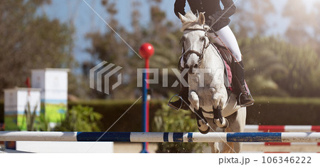 Jockey on her horse leaping over a hurdle, jumping over hurdle on competition 106346222