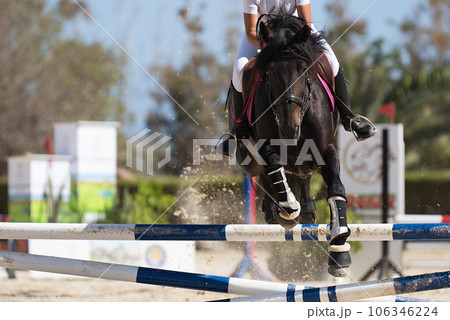Jockey on her horse leaping over a hurdle, jumping over hurdle on competition Jockey on her horse leaping over a hurdle, jumping over hurdle on competition 106346224