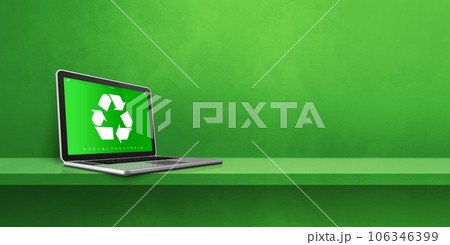 Laptop computer on a shelf with a recycling symbol on screen. environmental conservation concept Laptop computer on a shelf with a recycling symbol on screen. environmental conservation concept 106346399