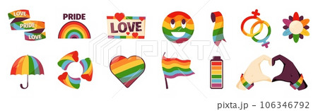 LGBT pride elements. Cartoon diversity symbols, gay and lesbian community, lgbtq pride flag stickers and banner set. Vector colorful collection LGBT pride elements. Cartoon diversity symbols, gay and lesbian community, lgbtq pride flag stickers and banner set. Vector colorful collection 106346792